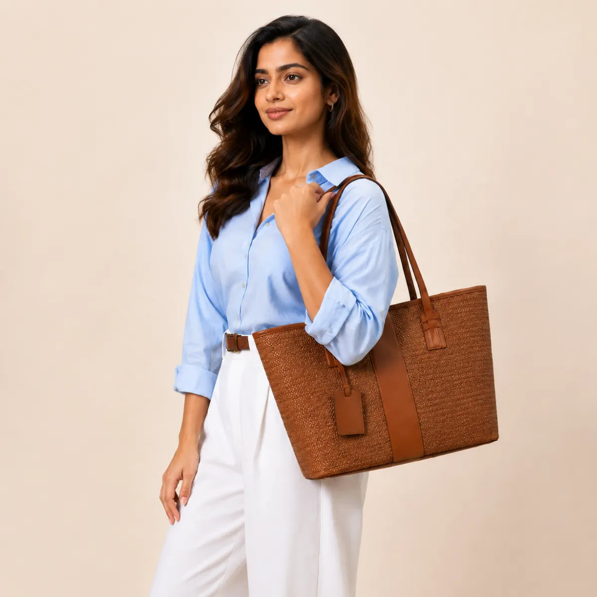 Tan Brown Woven Straw Textured Tote Bag for Women