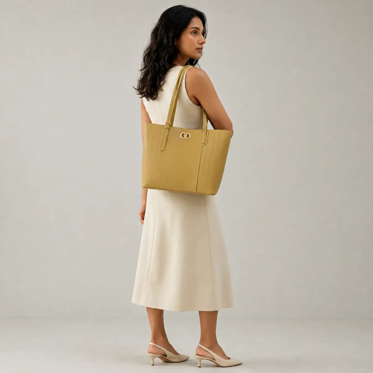 Olive Green Textured Panel Tote Bag for Women