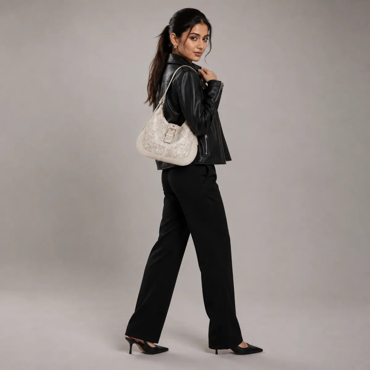 Off White Embossed Floral Leather Hobo Bag for Women