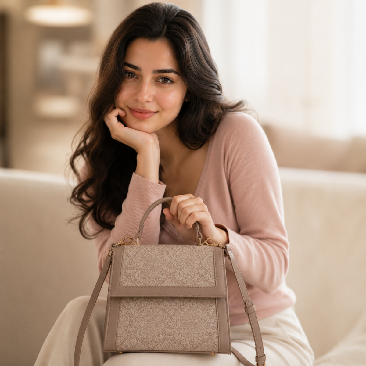 Premium Khaki Women Handbag with Adjustable Sling Strap