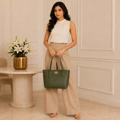 Green Textured Panel Tote Bag for Women