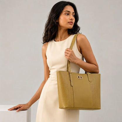 Olive Green Textured Panel Tote Bag for Women