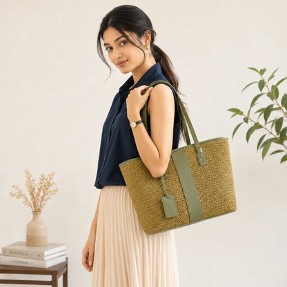 Mustard Woven Straw Textured Tote Bag for Women