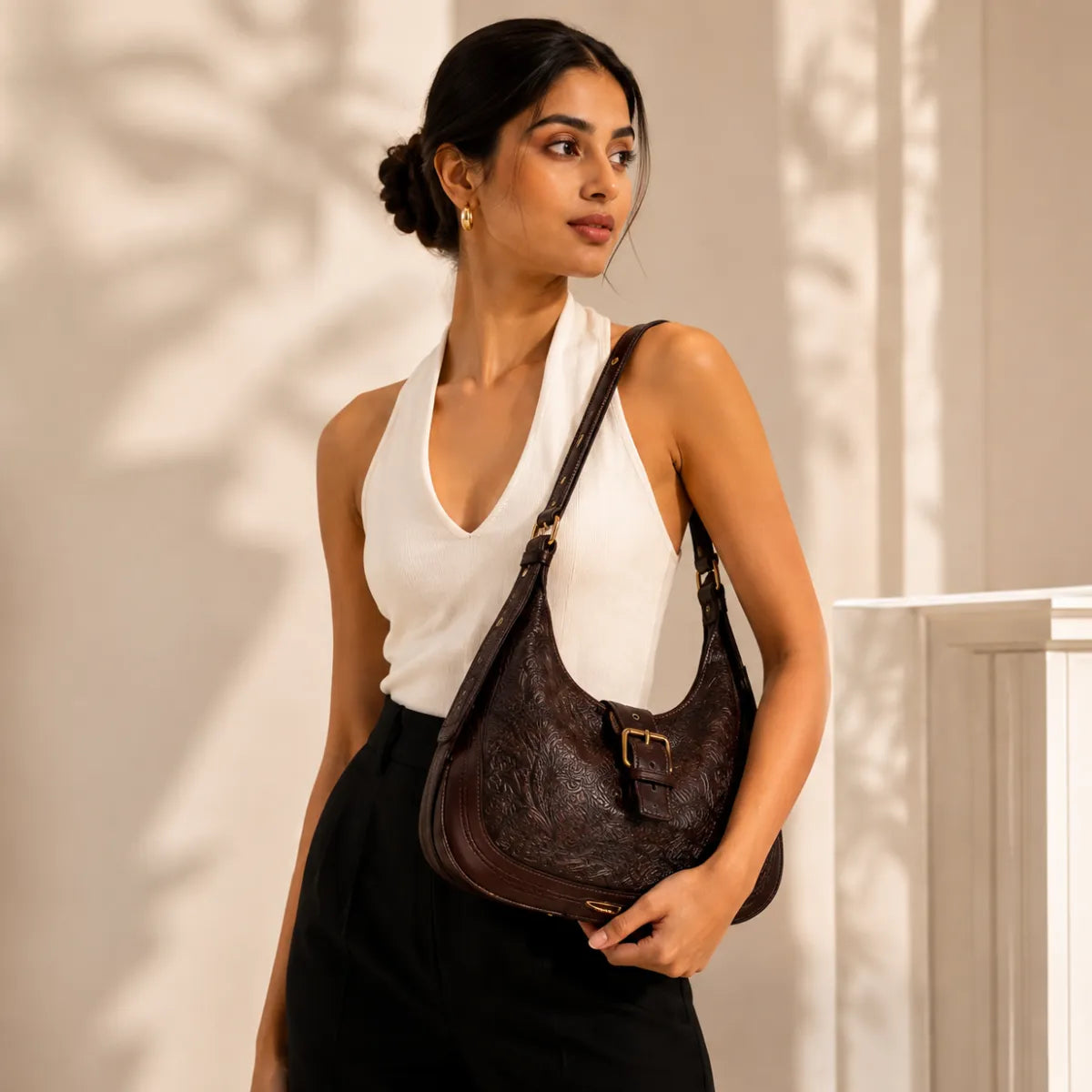 Brown Embossed Floral Leather Hobo Bag for Women
