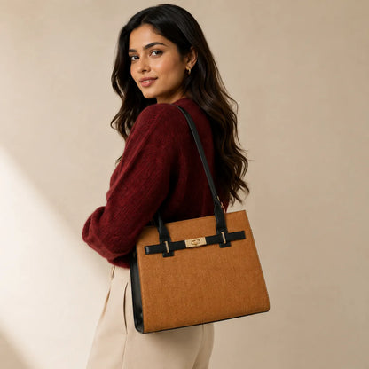 Tan Chevron Textured Handbag for Women