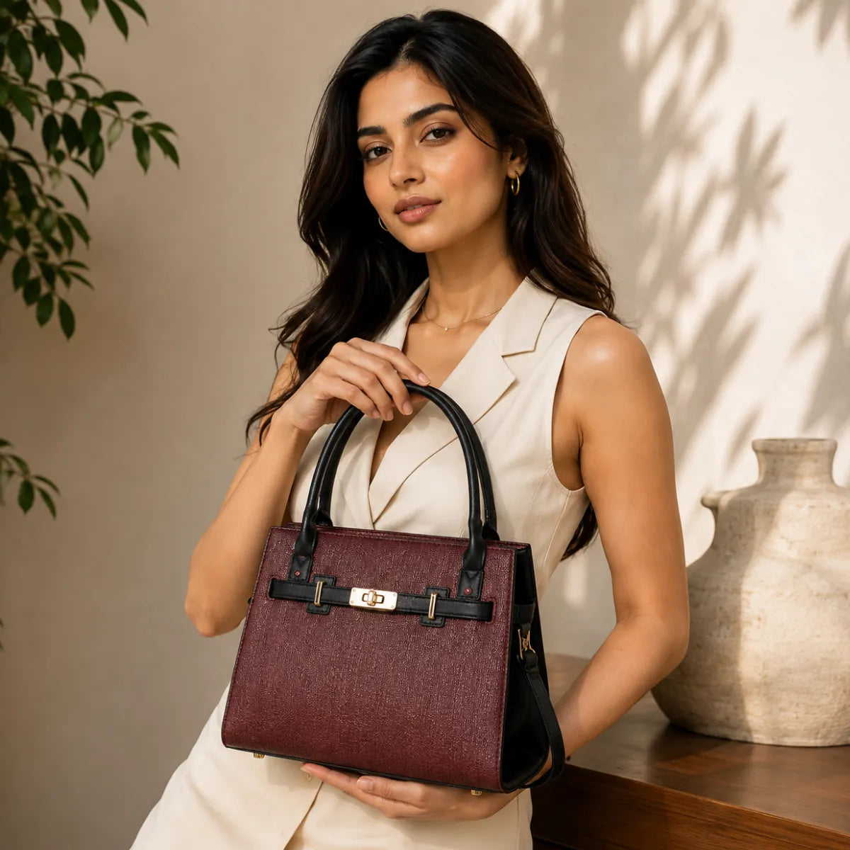 Wine Chevron Textured Handbag for Women