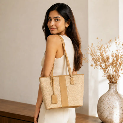 Beige Woven Straw Textured Tote Bag for Women