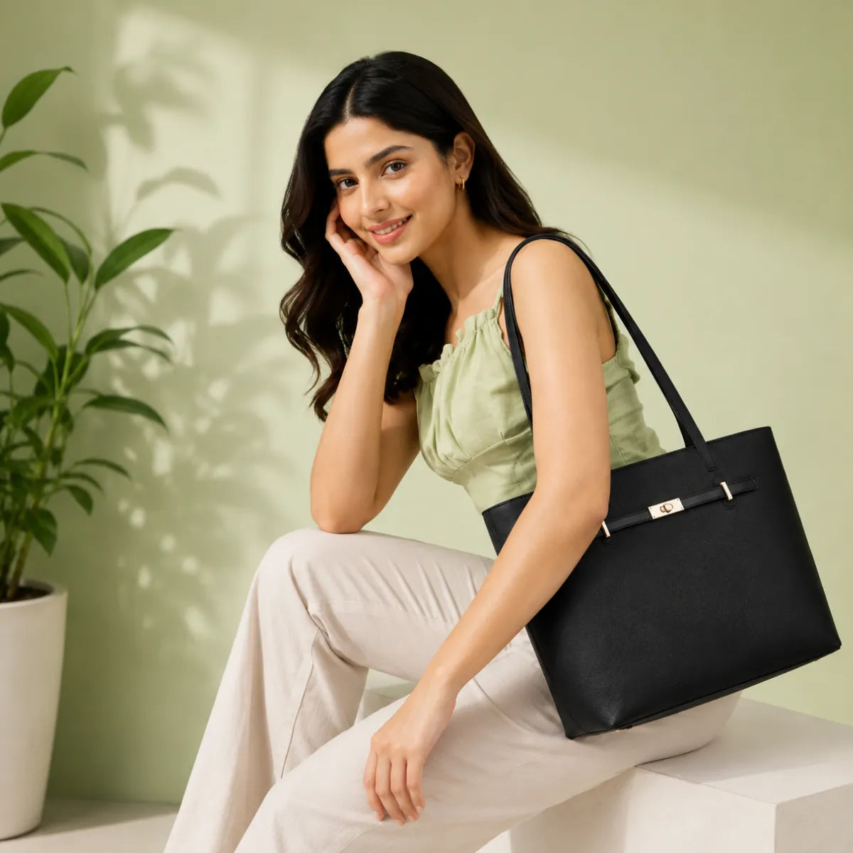 Black Structured Shoulder Tote Bag for Women