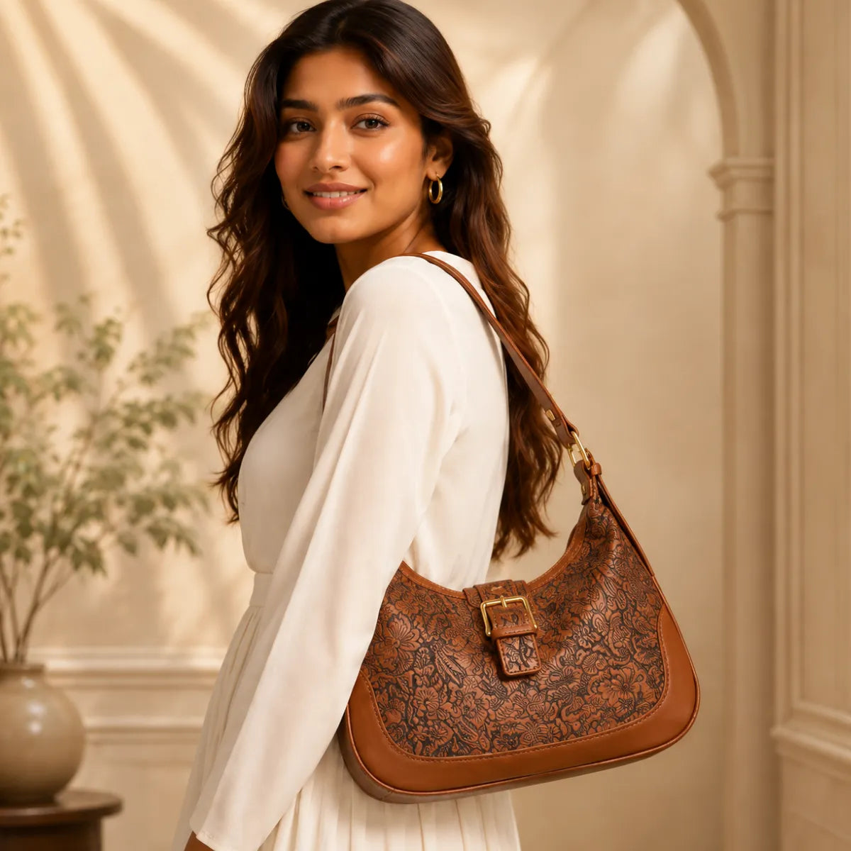 Tan Embossed Floral Leather Hobo Bag for Women