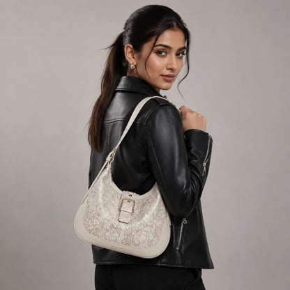 Off White Embossed Floral Leather Hobo Bag for Women