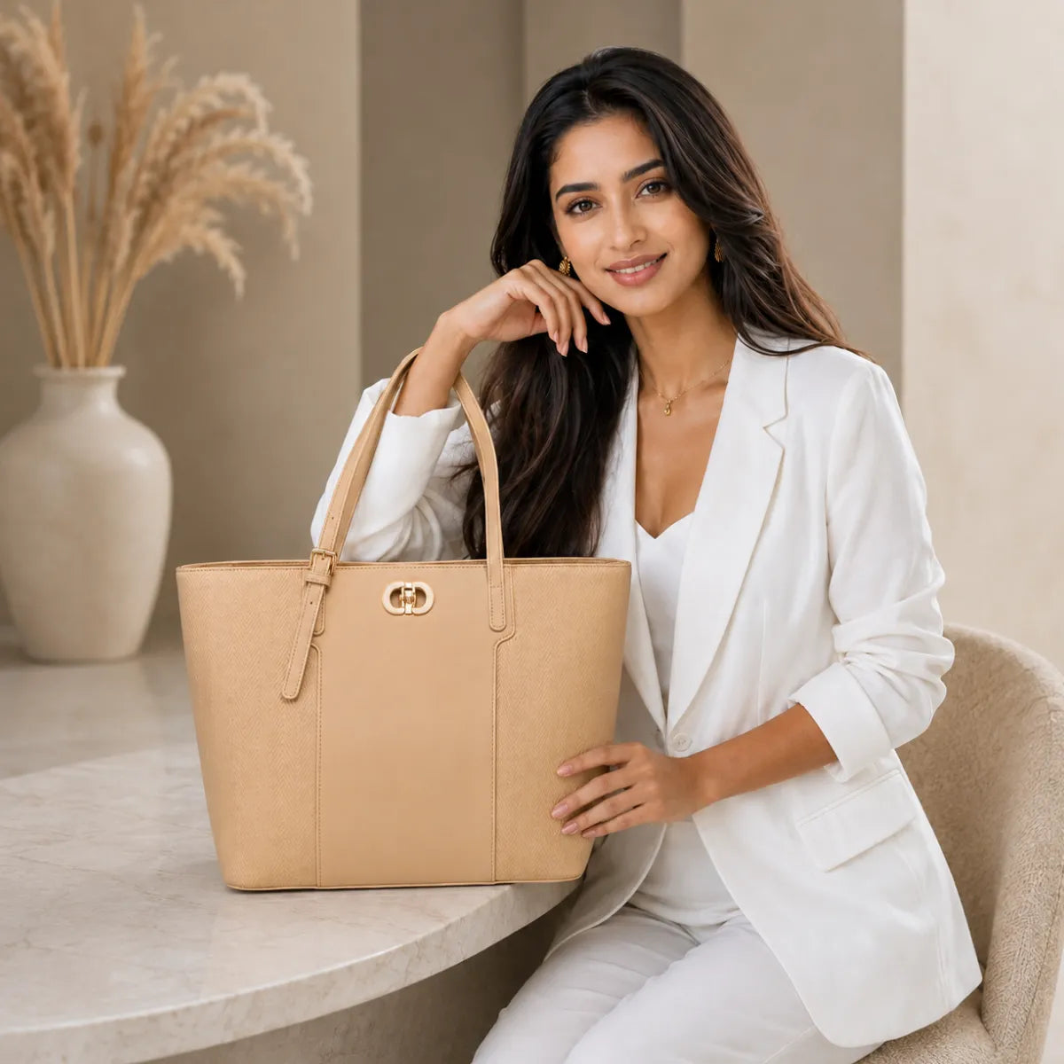 Beige Textured Panel Tote Bag for Women