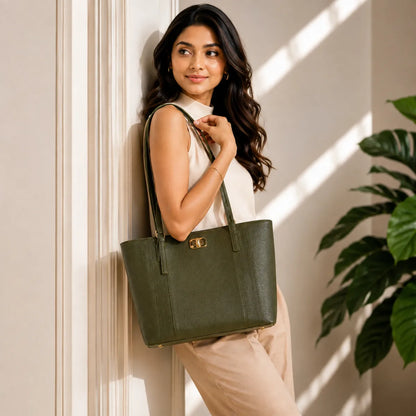 Green Textured Panel Tote Bag for Women