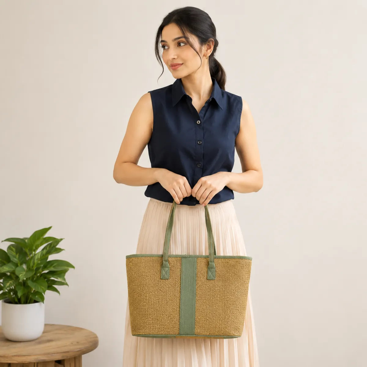 Mustard Woven Straw Textured Tote Bag for Women