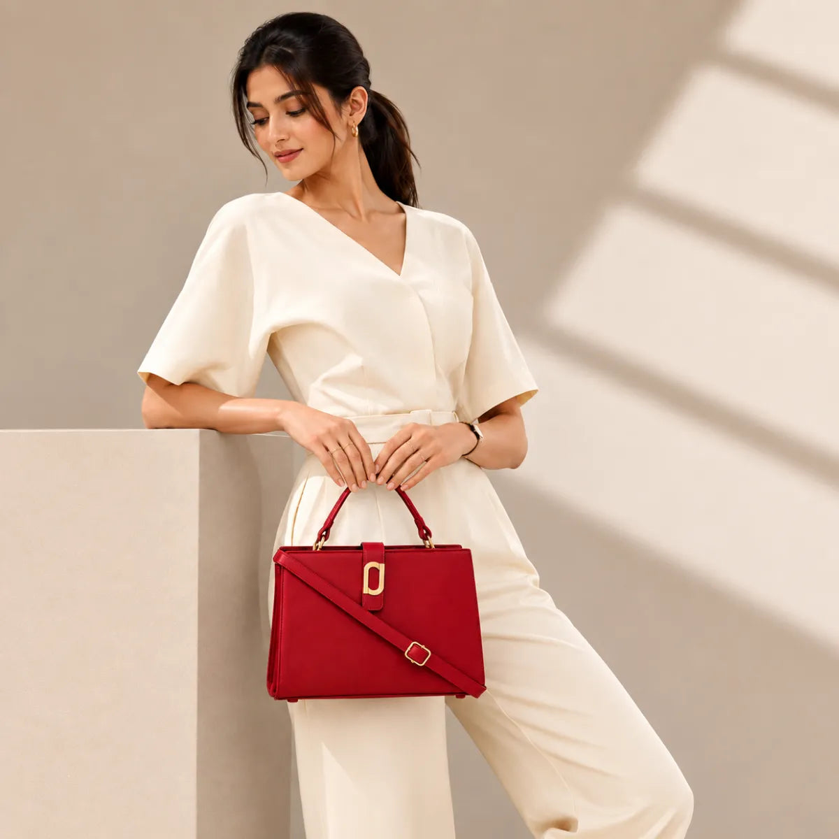 Red Structured Top Handle Handbag for Women