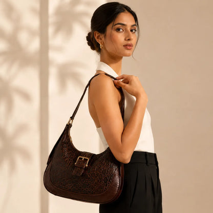 Brown Embossed Floral Leather Hobo Bag for Women