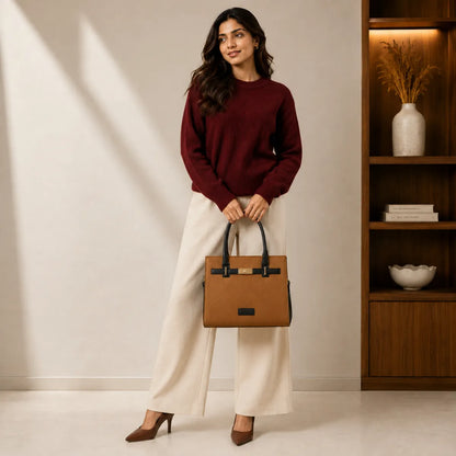 Tan Chevron Textured Handbag for Women