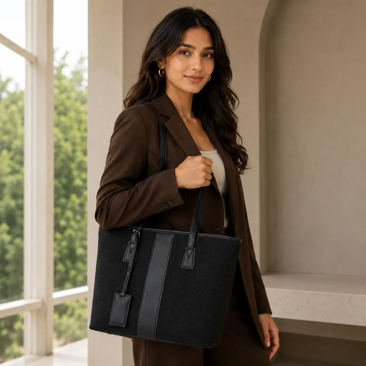 Black Woven Straw Textured Tote Bag for Women