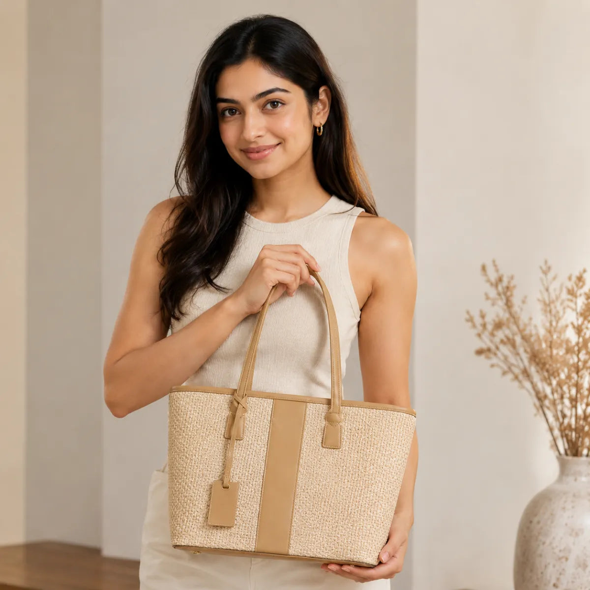 Beige Woven Straw Textured Tote Bag for Women
