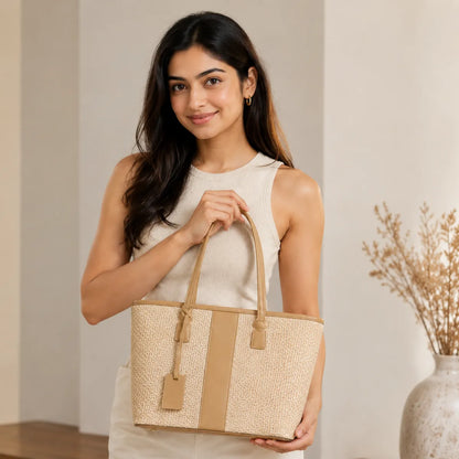 Beige Woven Straw Textured Tote Bag for Women