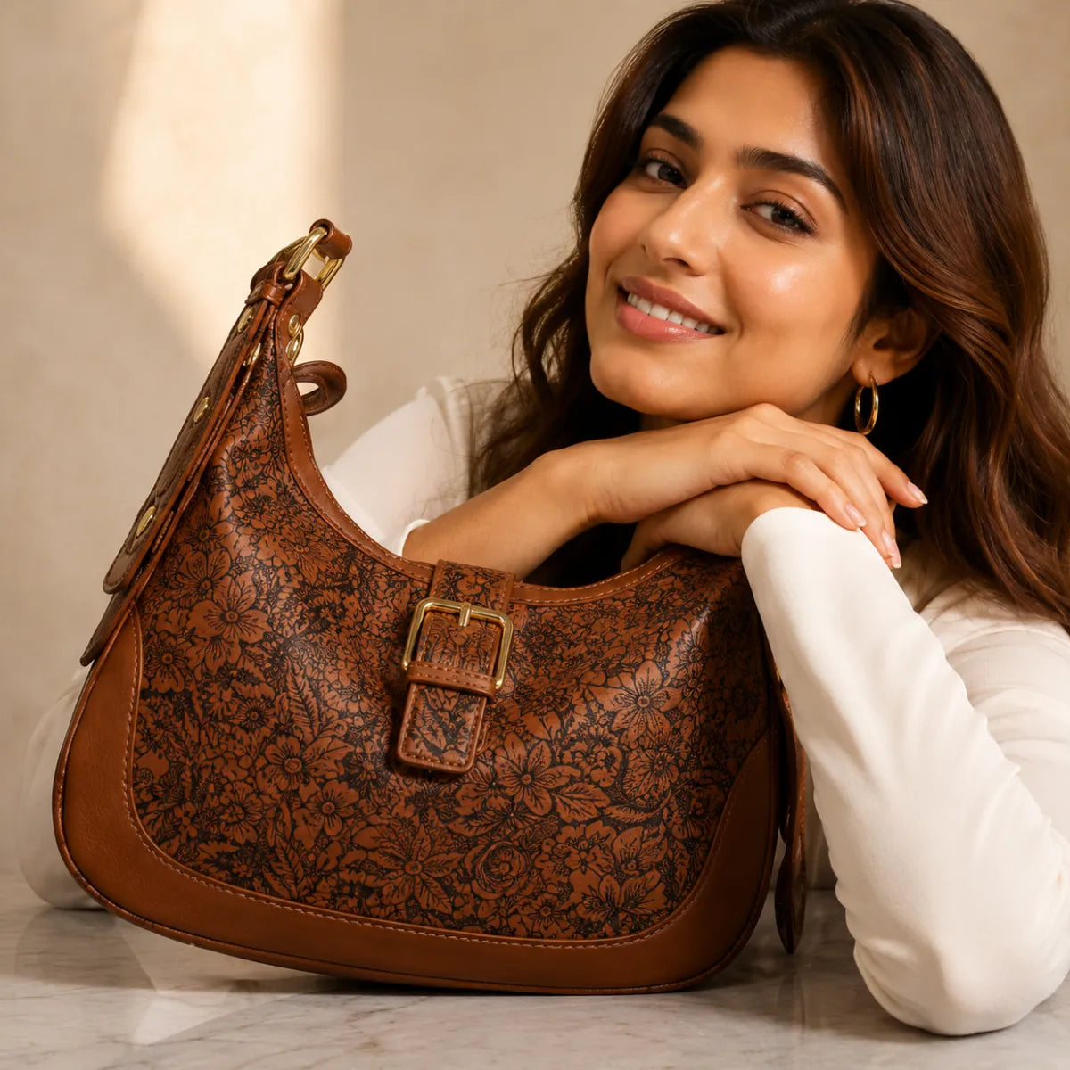 Tan Embossed Floral Leather Hobo Bag for Women