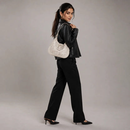 Off White Embossed Floral Leather Hobo Bag for Women