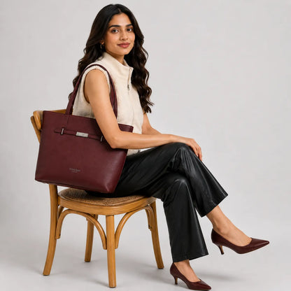 Wine Structured Shoulder Tote Bag for Women