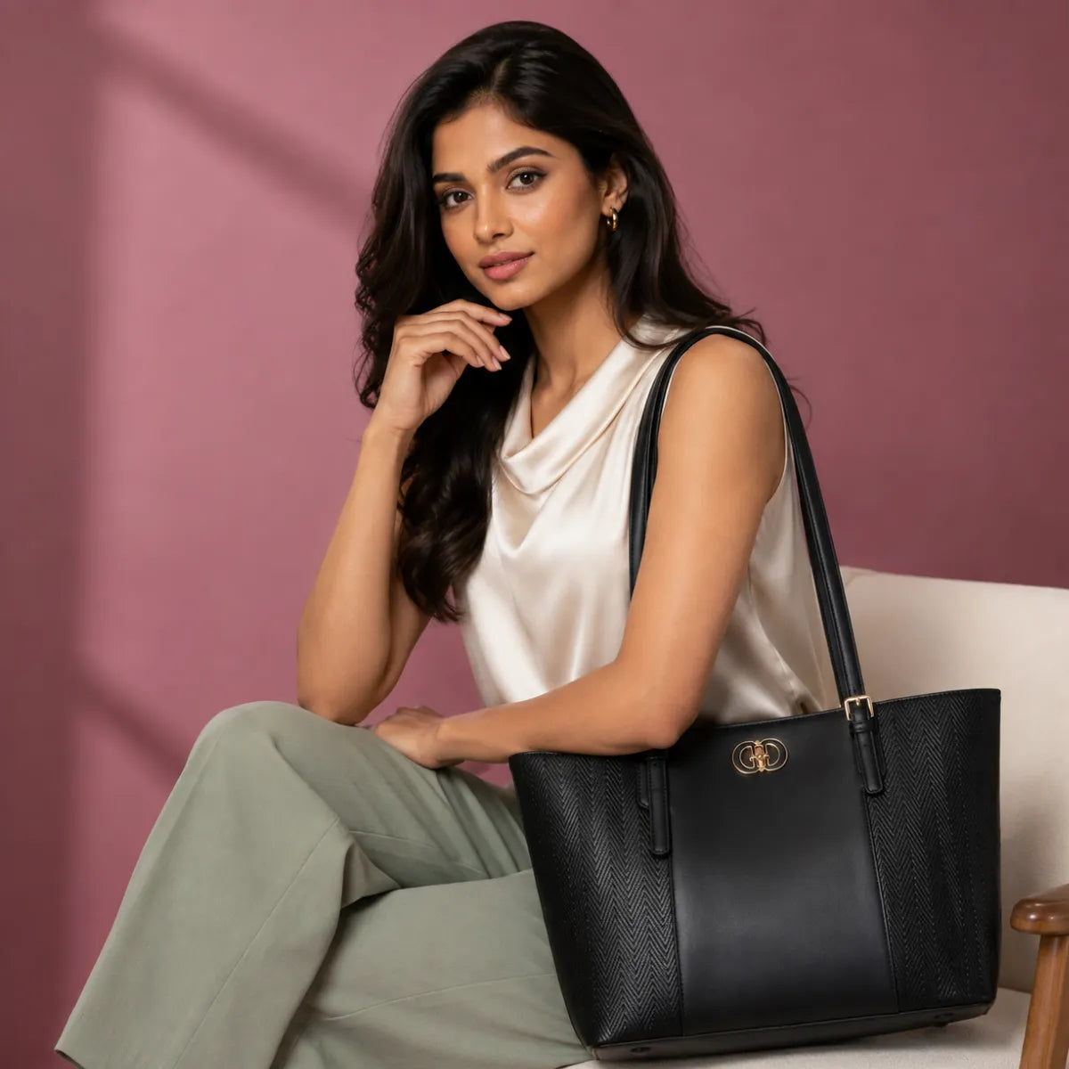Black Textured Panel Tote Bag for Women
