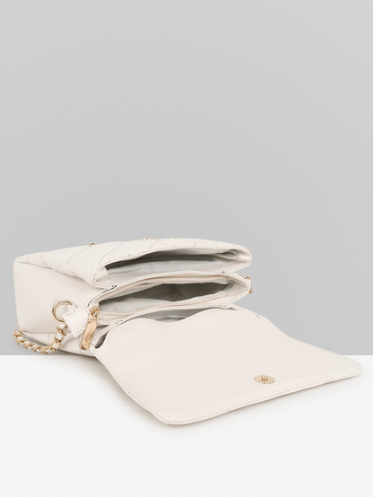 Stylish Quilted Studded Top Handle Off White Sling Bag for Women