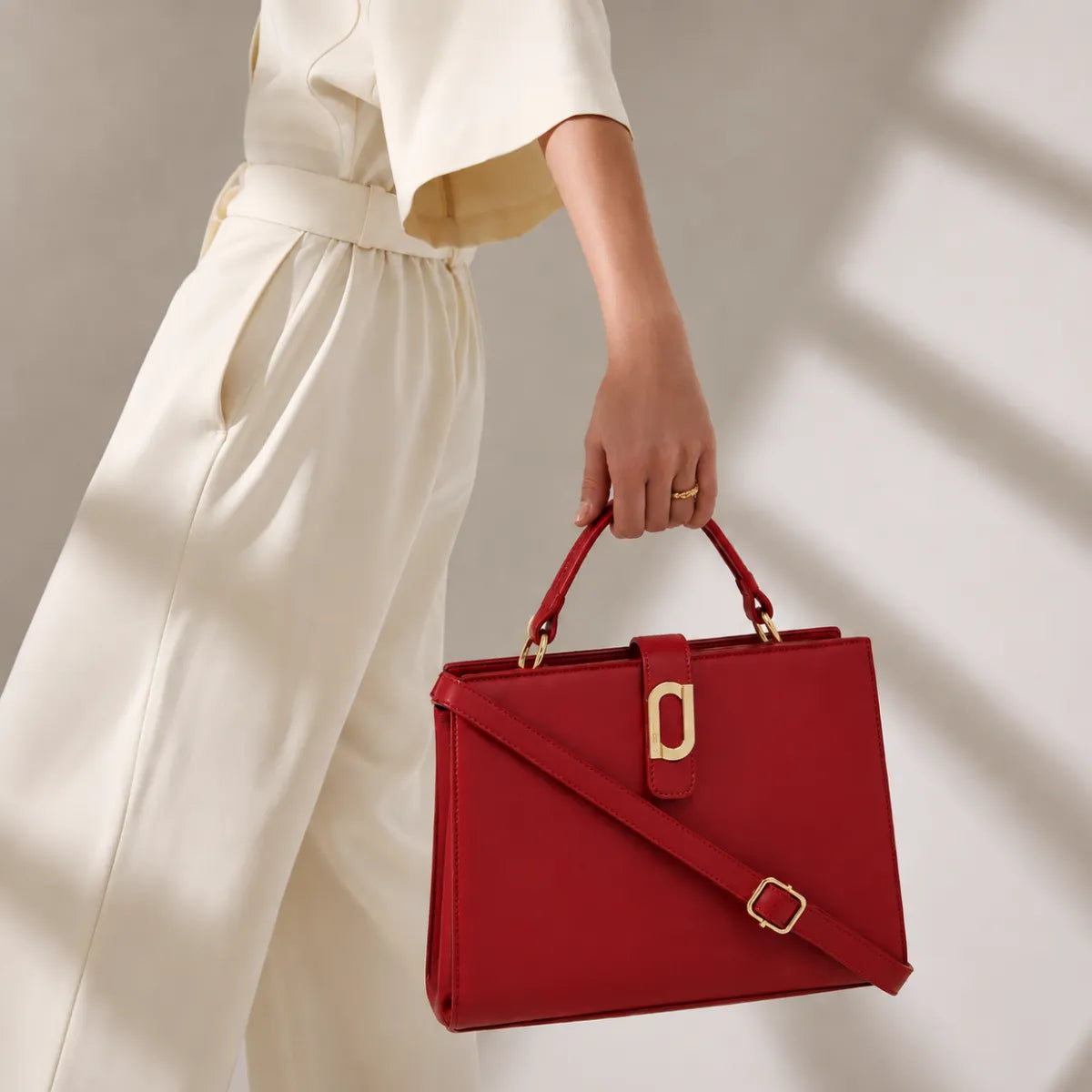Red Structured Top Handle Handbag for Women