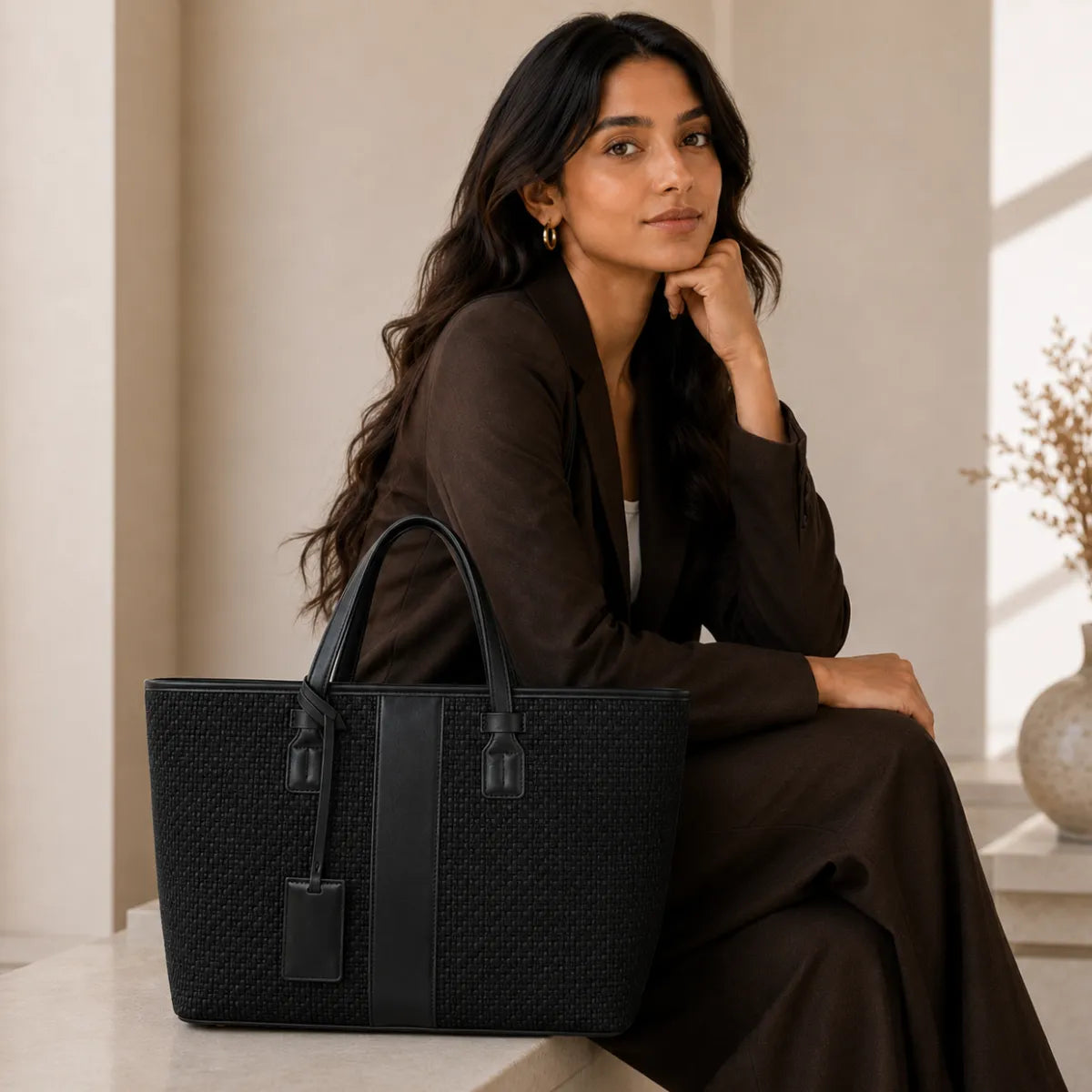 Black Woven Straw Textured Tote Bag for Women