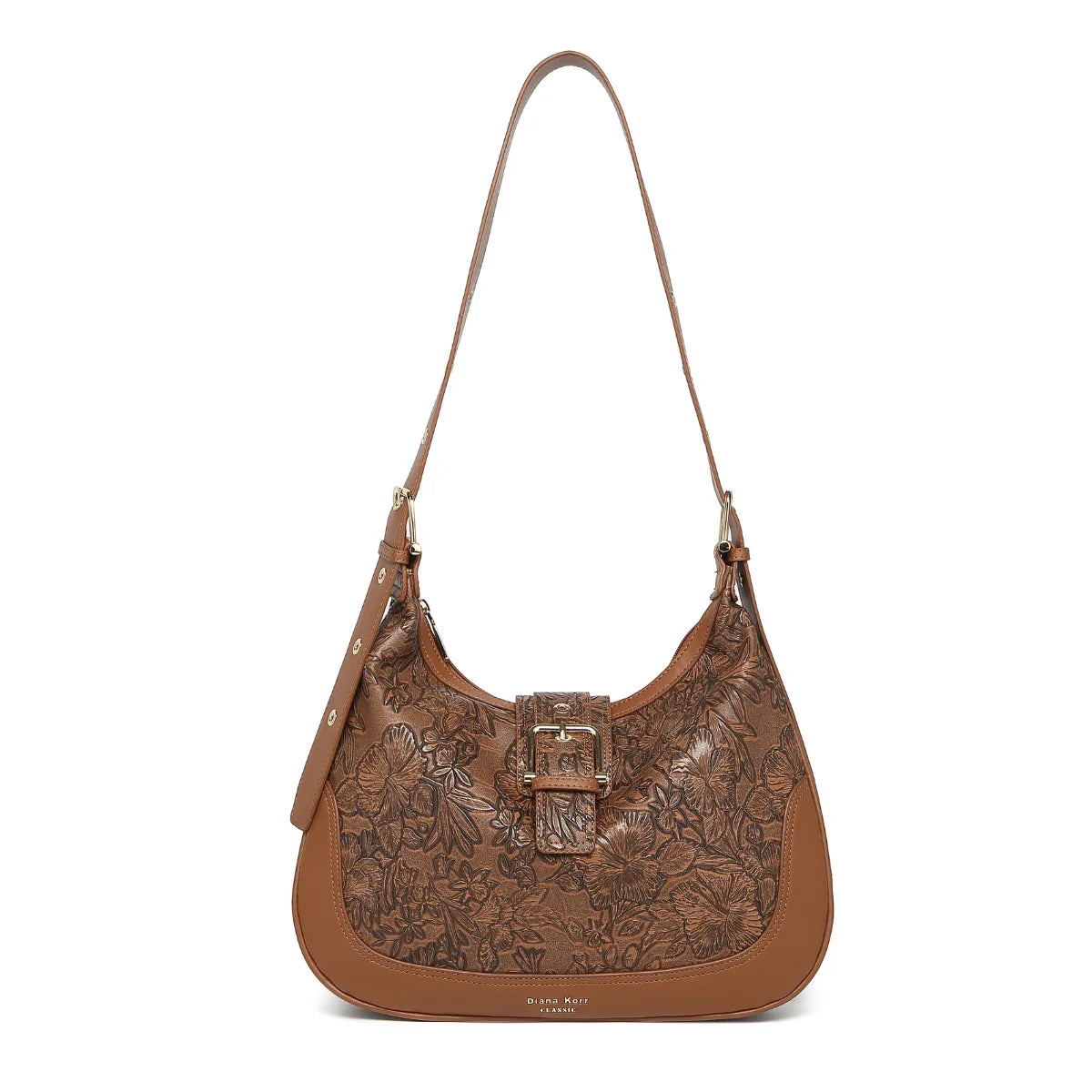 Tan Embossed Floral Leather Hobo Bag for Women