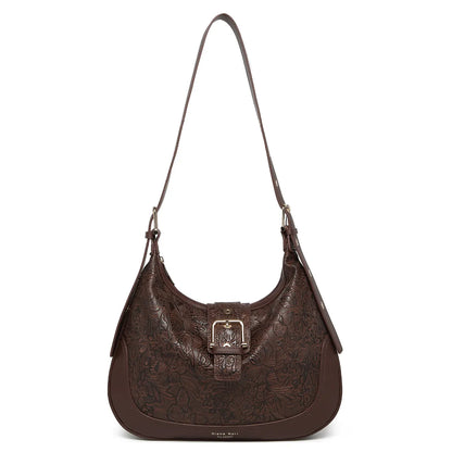 Brown Embossed Floral Leather Hobo Bag for Women