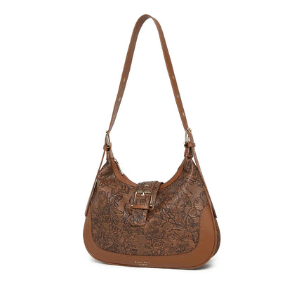 Tan Embossed Floral Leather Hobo Bag for Women