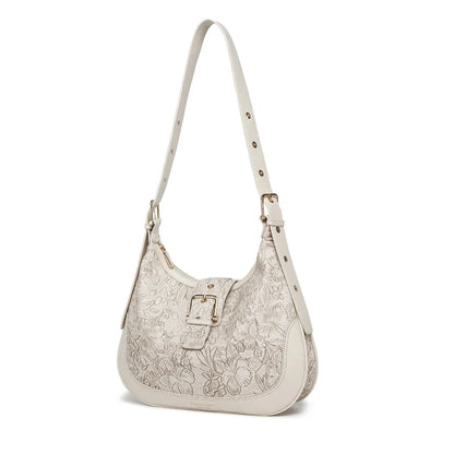 Off White Embossed Floral Leather Hobo Bag for Women
