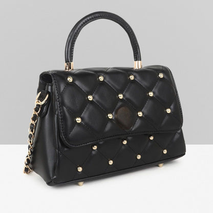 QUILTED STUDDED BLACK LUXE TOP HANDLE HANDBAG