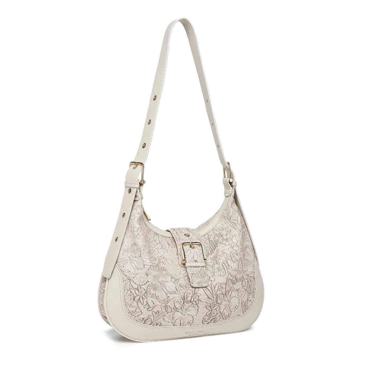 Off White Embossed Floral Leather Hobo Bag for Women