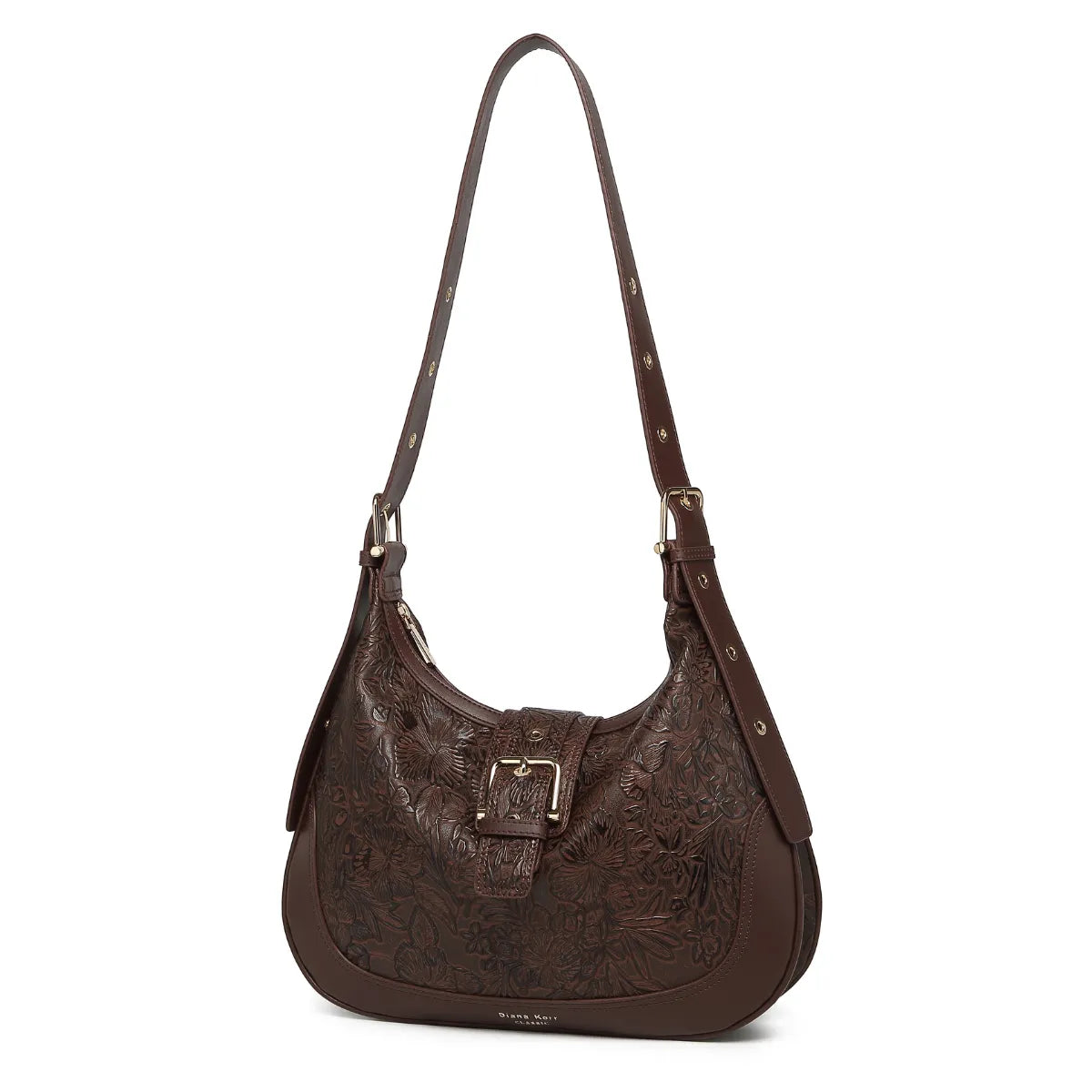 Brown Embossed Floral Leather Hobo Bag for Women