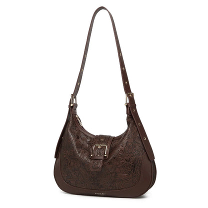 Brown Embossed Floral Leather Hobo Bag for Women