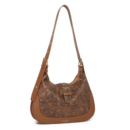Tan Embossed Floral Leather Hobo Bag for Women
