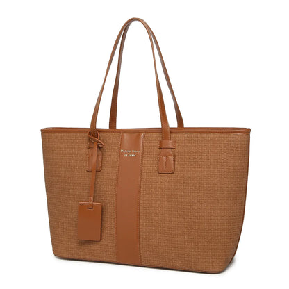Tan Brown Woven Straw Textured Tote Bag for Women