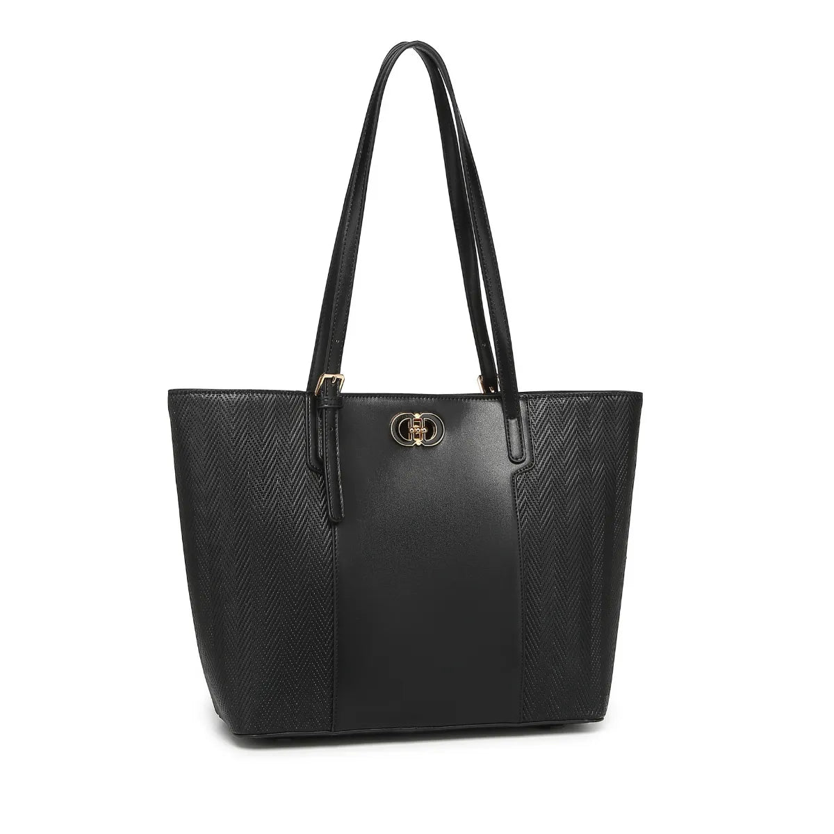 Black Textured Panel Tote Bag for Women