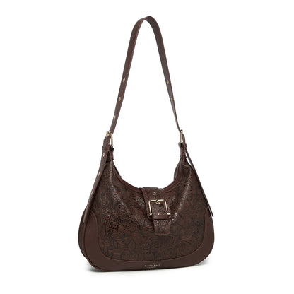 Brown Embossed Floral Leather Hobo Bag for Women