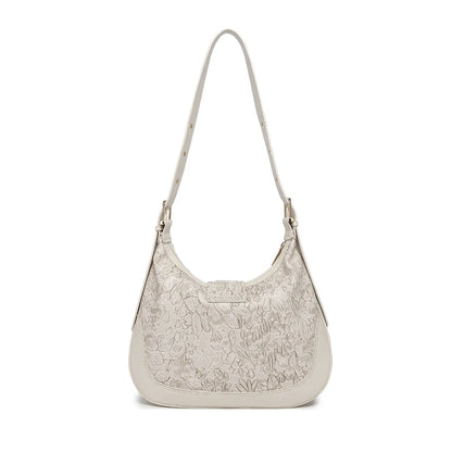 Off White Embossed Floral Leather Hobo Bag for Women