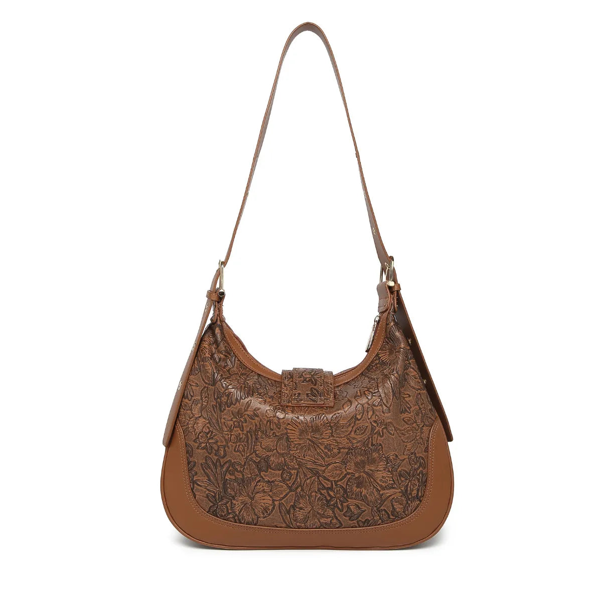 Tan Embossed Floral Leather Hobo Bag for Women