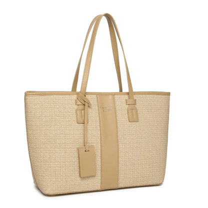 Beige Woven Straw Textured Tote Bag for Women