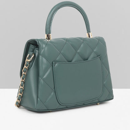 QUILTED STUDDED GREEN LUXE TOP HANDLE HANDBAG