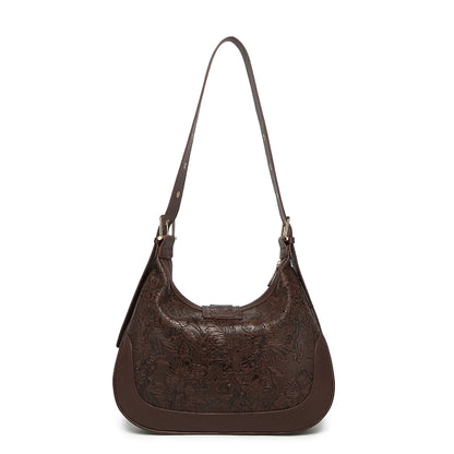 Brown Embossed Floral Leather Hobo Bag for Women