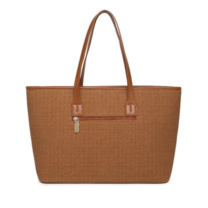 Tan Brown Woven Straw Textured Tote Bag for Women