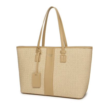 Beige Woven Straw Textured Tote Bag for Women