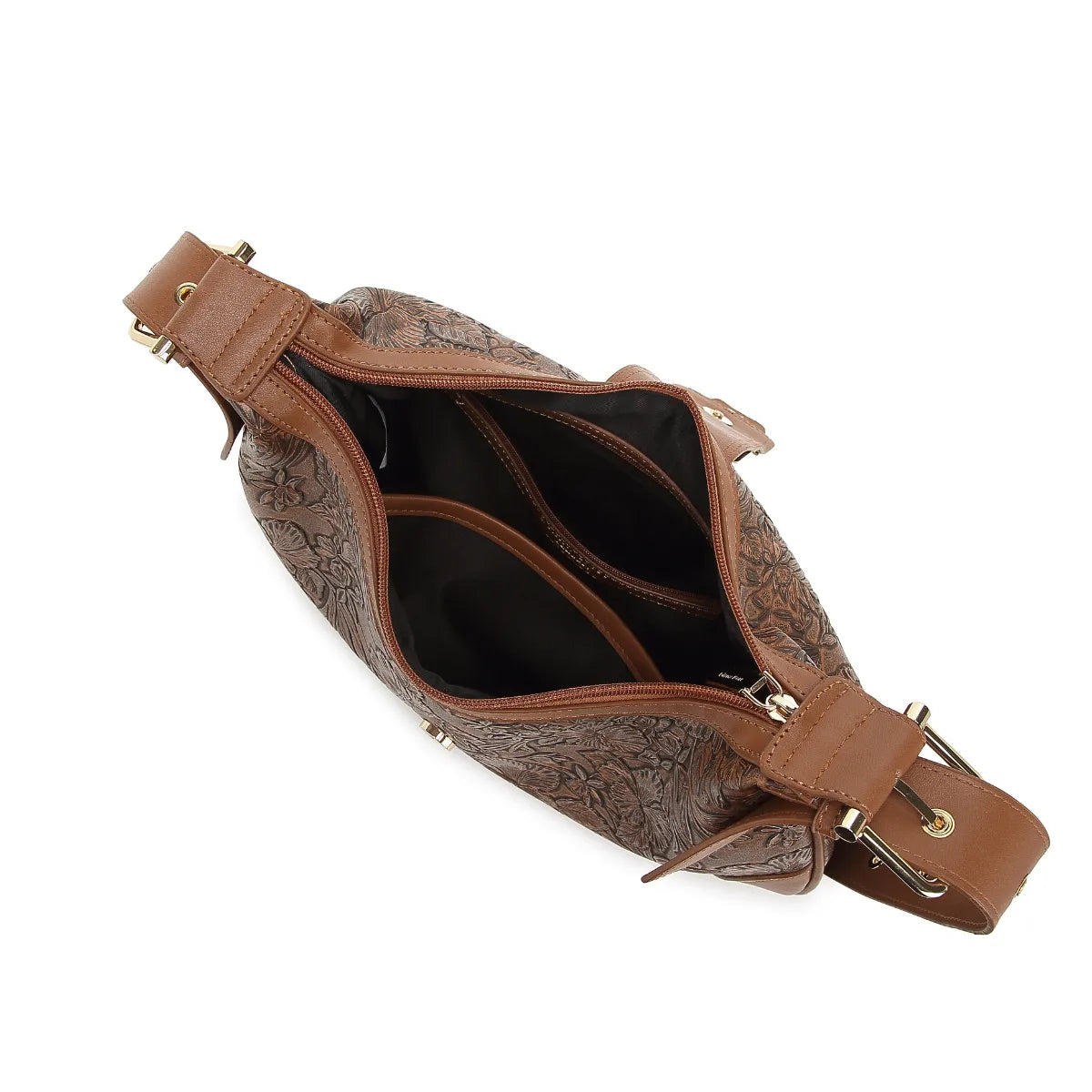 Tan Embossed Floral Leather Hobo Bag for Women